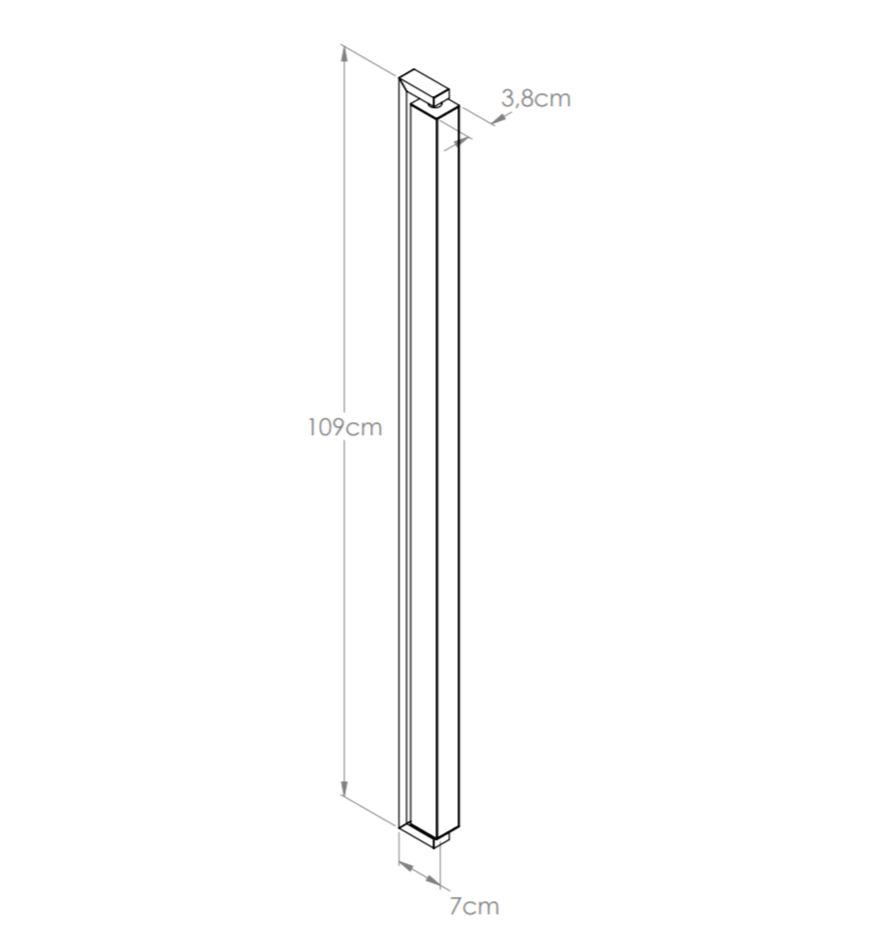 Desenho técnico da arandela moderna Bella Itália para parede, com dimensões de 50cm de altura, 12cm de largura e 6cm de profundidade.